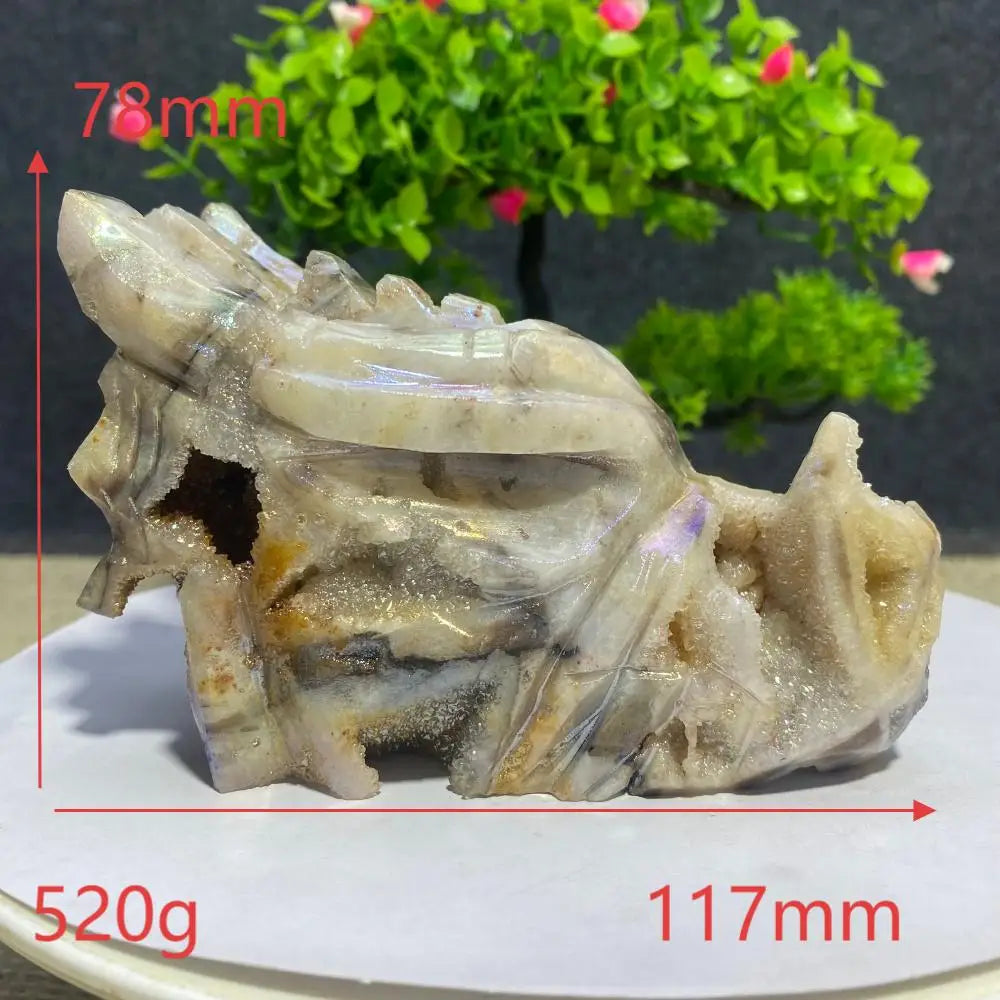 Natural Crystal Sphalerite Electroplate Quartz Dragon Head Skull Figurine Mineral Specimen Hand Engraving Room Decoration Gift-ToShay.org