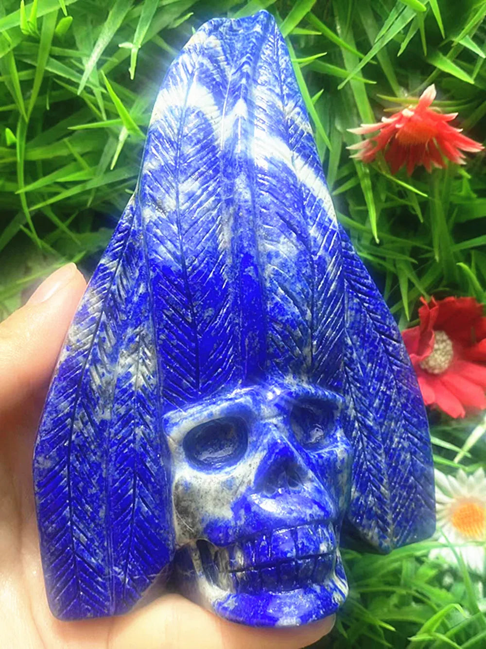 Natural quartz crystal cyanite hand carved feather skull chakra home decor-ToShay.org