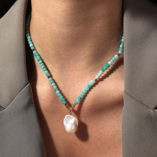 Blue Amazonite Pearl Necklace-ToShay.org