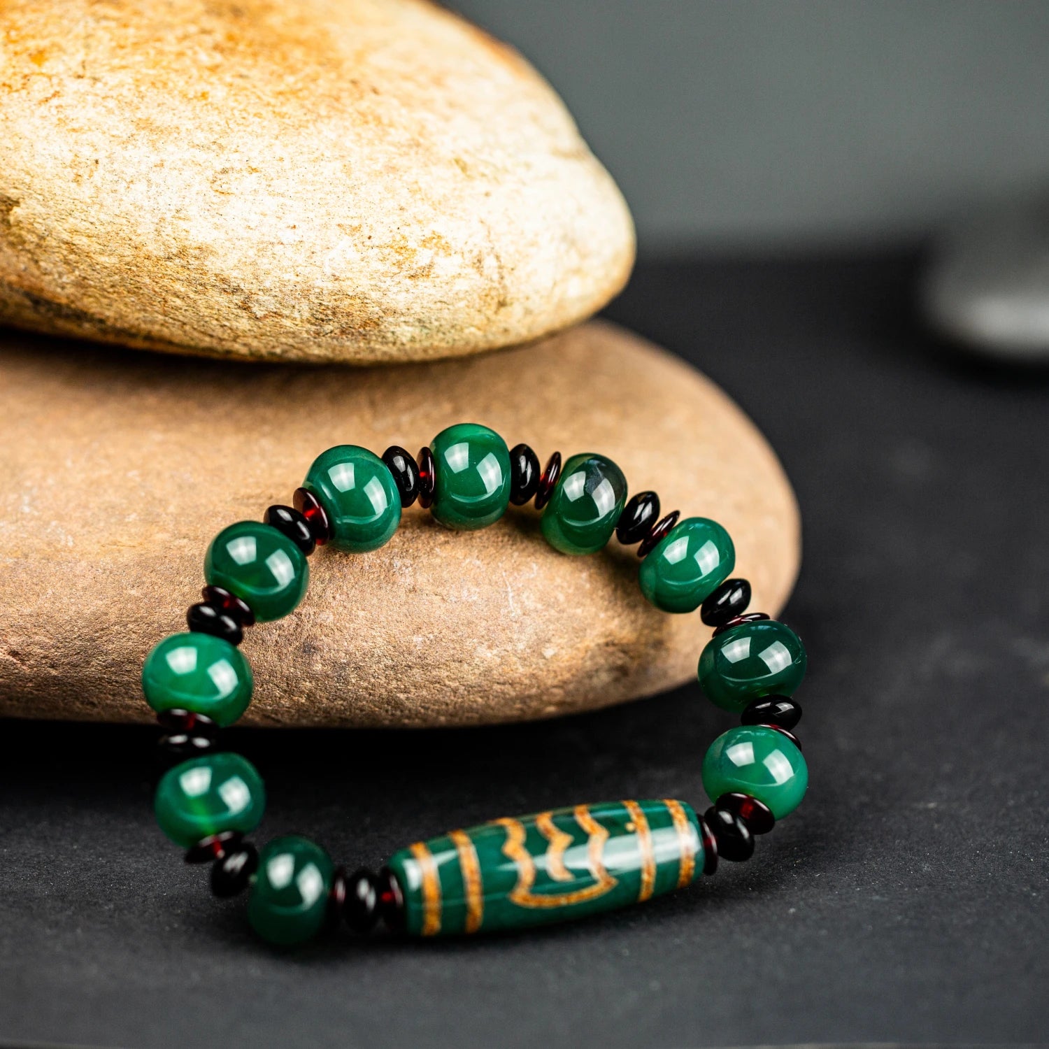 Green Agate Dzi Bead Bracelet-ToShay.org