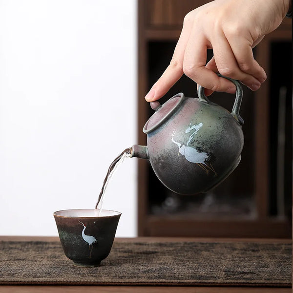 Crane Painted Pottery Tea Pot-ToShay.org