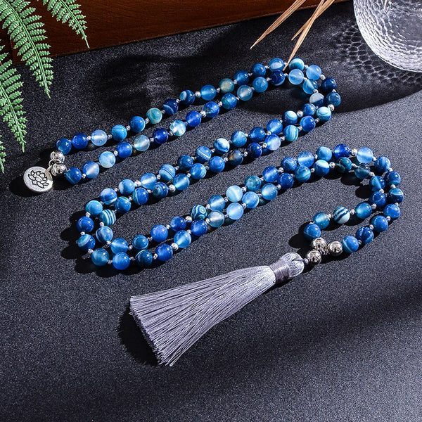 Blue Agate Bead Japamala Necklace-ToShay.org