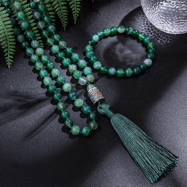 Green Striped Agate Mala Beads-ToShay.org