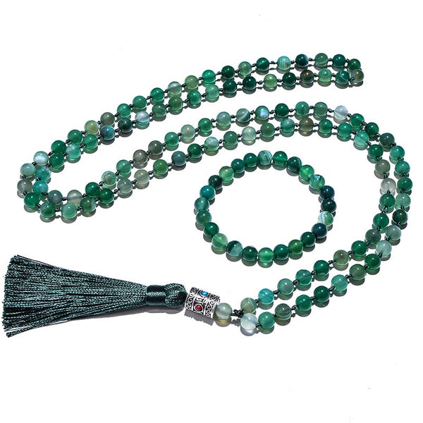 Green Striped Agate Mala Beads-ToShay.org