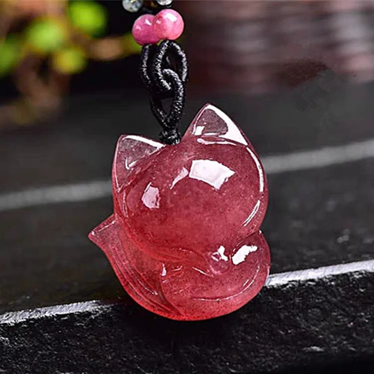 Natural Red Ice Strawberry Quartz Fox Carved Pendant Necklace Women Crystal Healing 23x16mm Fashion Pendant Jewelry AAAAA-ToShay.org