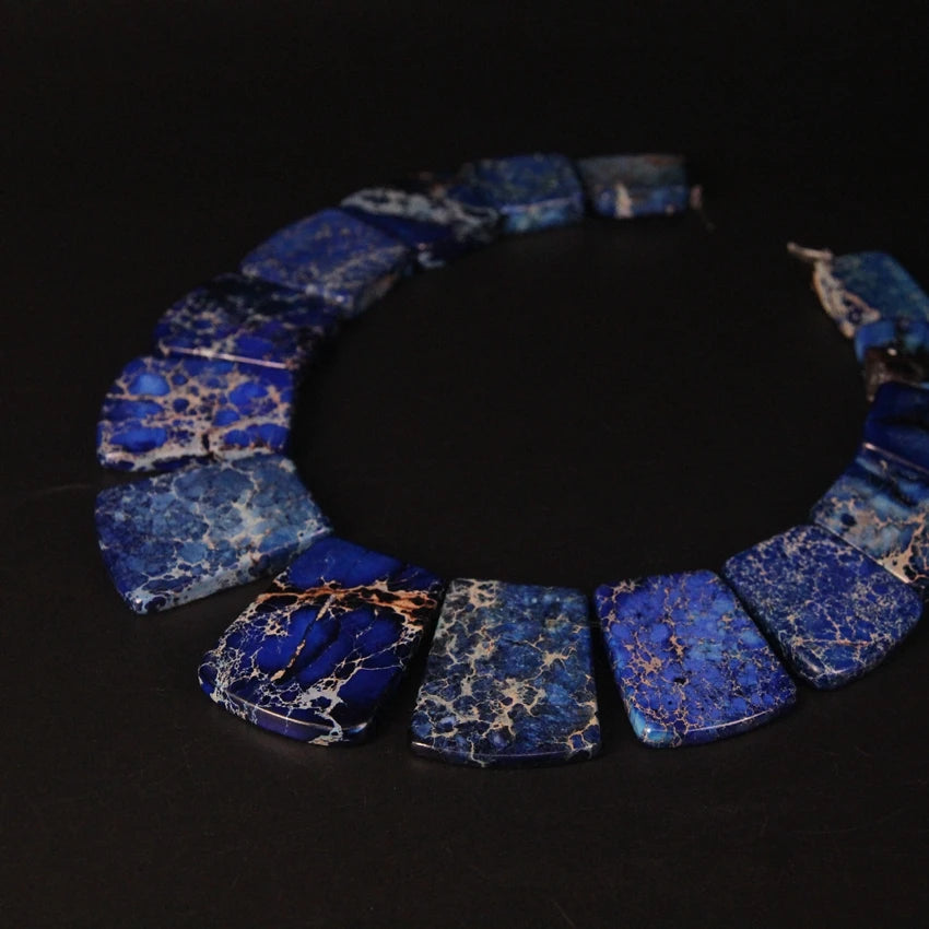 15pcs Lapis Blue Impression Jaspers Top Drilled Trapezoid Slab Beads,Ocean Sediment Emperor Stone Graduated Necklaces Jewelry-ToShay.org