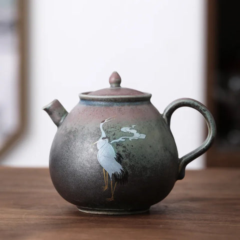 Crane Painted Pottery Tea Pot-ToShay.org