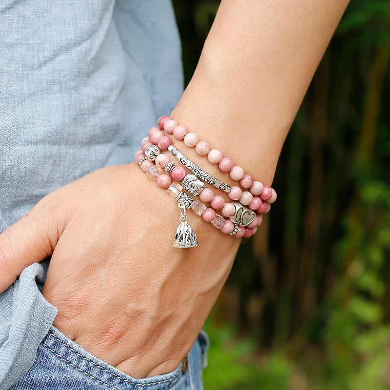 Pink Rhodochrosite Bead Mala-ToShay.org