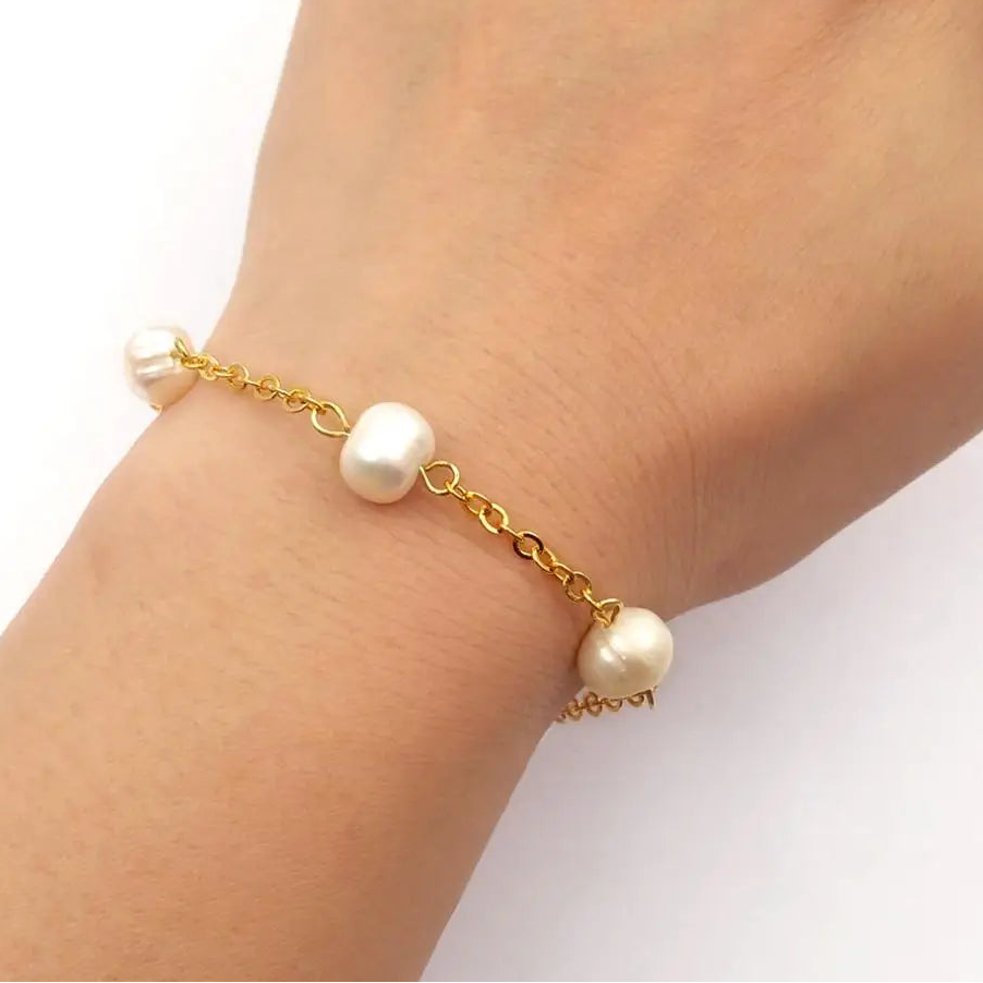 White Pearl Chain Bracelet-ToShay.org