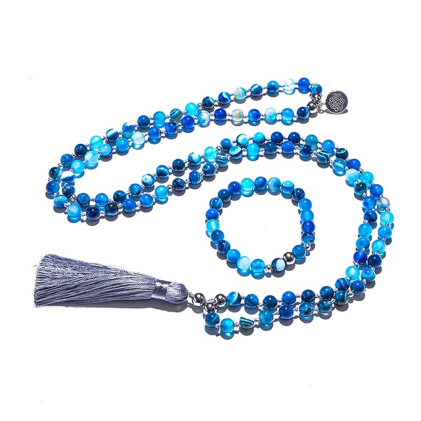 Blue Agate Bead Japamala Necklace-ToShay.org