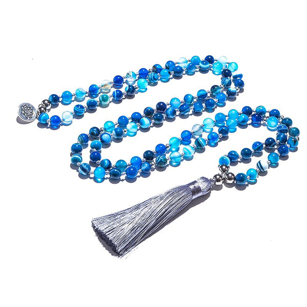 Blue Agate Bead Japamala Necklace-ToShay.org