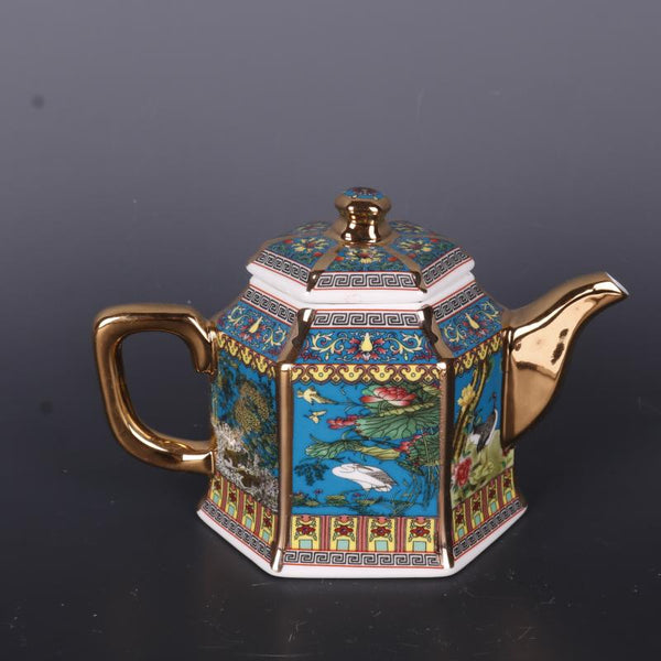 Gold Enamel Flower Bird Teapot-ToShay.org
