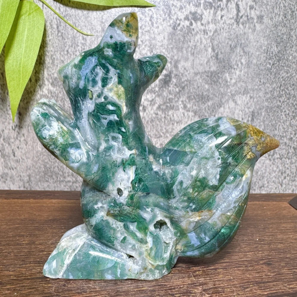 Natural Ocean Jasper Moss Agate Squirrel Carving Healing Stone Tabletop Ornament Reiki Energy Healing Home Decor Gift-ToShay.org