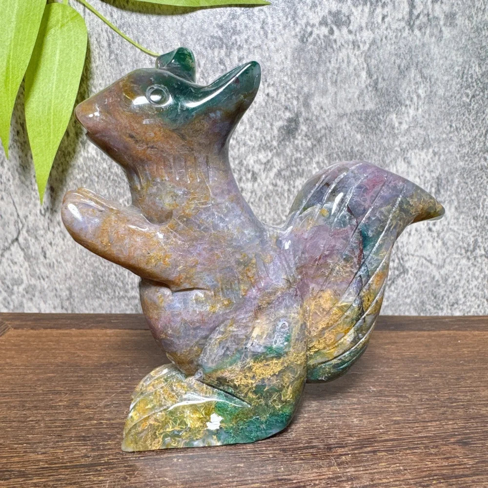 Natural Ocean Jasper Moss Agate Squirrel Carving Healing Stone Tabletop Ornament Reiki Energy Healing Home Decor Gift-ToShay.org