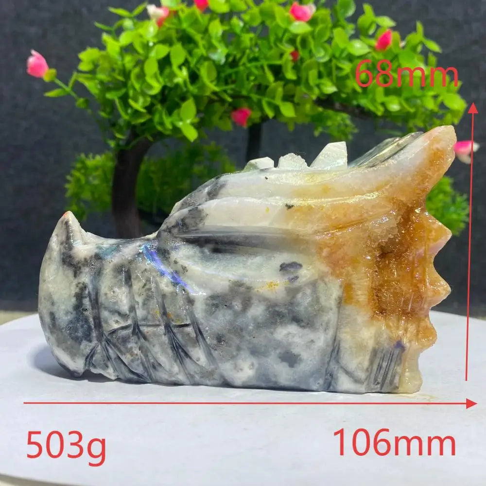 Natural Crystal Sphalerite Electroplate Quartz Dragon Head Skull Figurine Mineral Specimen Hand Engraving Room Decoration Gift-ToShay.org