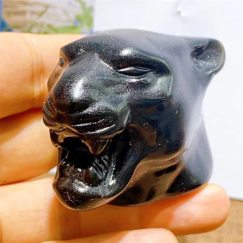 6.5cm Natural Black Obsidian Panther Head Crystal Carving Animal Healing Gemstone Figurines Reiki Room Home Decoration Gift 1pcs-ToShay.org