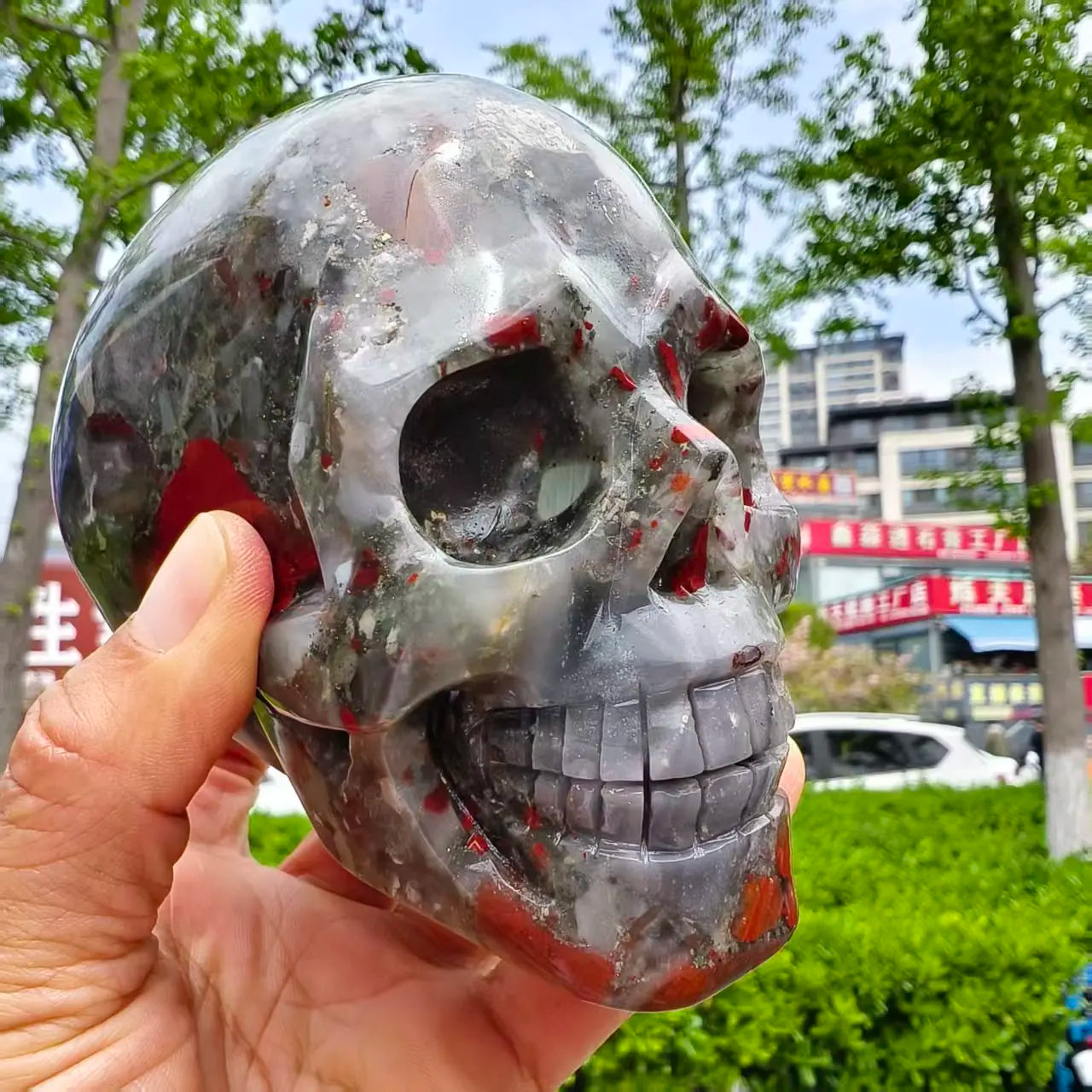 Natural Dragon's Blood Stone Skull, Crystal Quartz Ore Polished Skull, Mineral Healing-ToShay.org