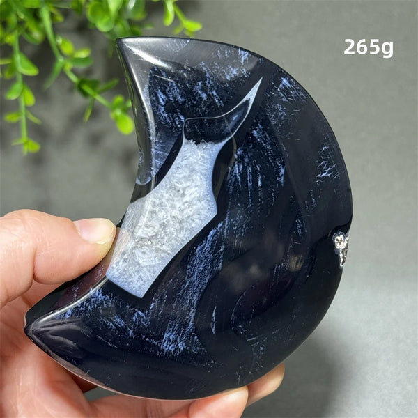 Natural Gemstone Black Agate Moon-Shaped Mineral Specimen Reiki Therapy Energy Collection Jiapin Home Decoration Gift-ToShay.org