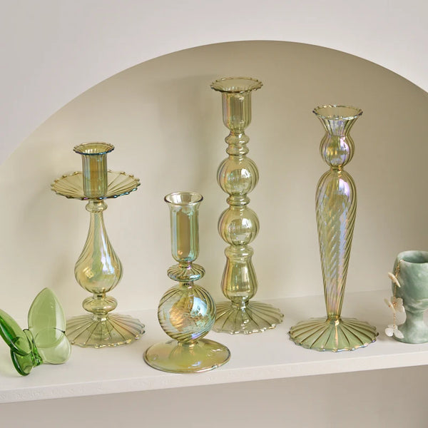 Olive Green Glass Candlesticks-ToShay.org