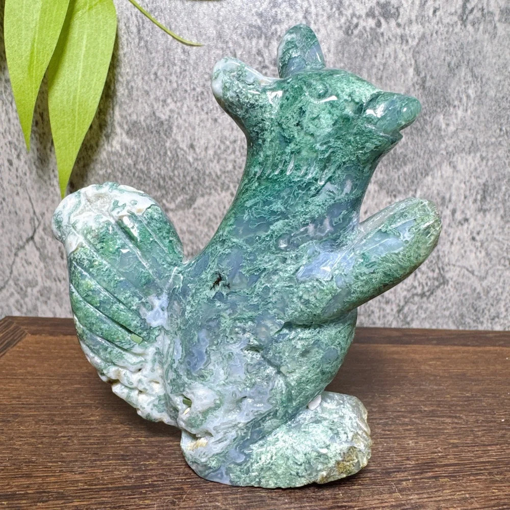 Natural Ocean Jasper Moss Agate Squirrel Carving Healing Stone Tabletop Ornament Reiki Energy Healing Home Decor Gift-ToShay.org