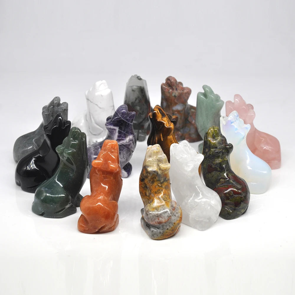 2" Wolf Statue Natural Stone Carved Figure Room Ornament Healing Crystal Reiki Animal Figurine Home Office Desktop Decoration-ToShay.org