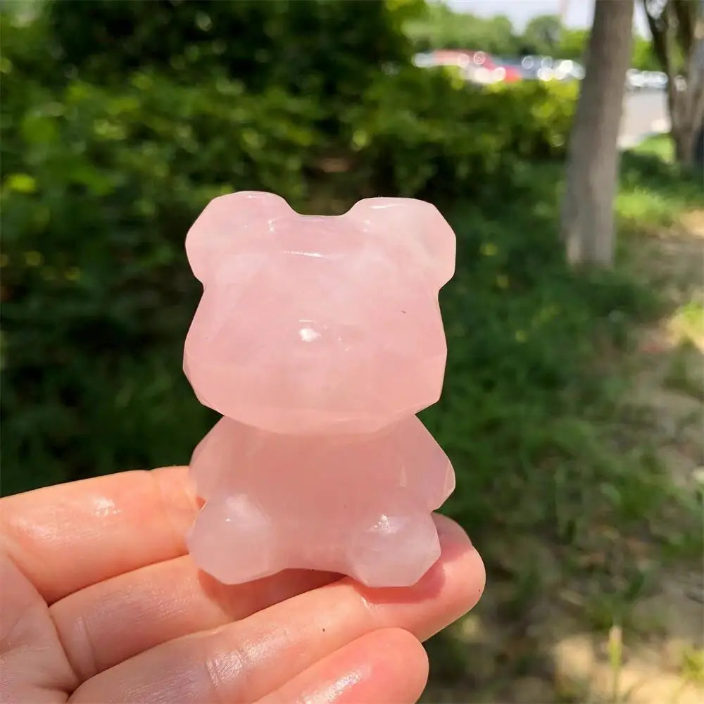 Natural Rose Quartz Bear Statue Cartoon Faceted Carving Animal Healing Mineral Polished Home Decor Ornament Figurine-ToShay.org