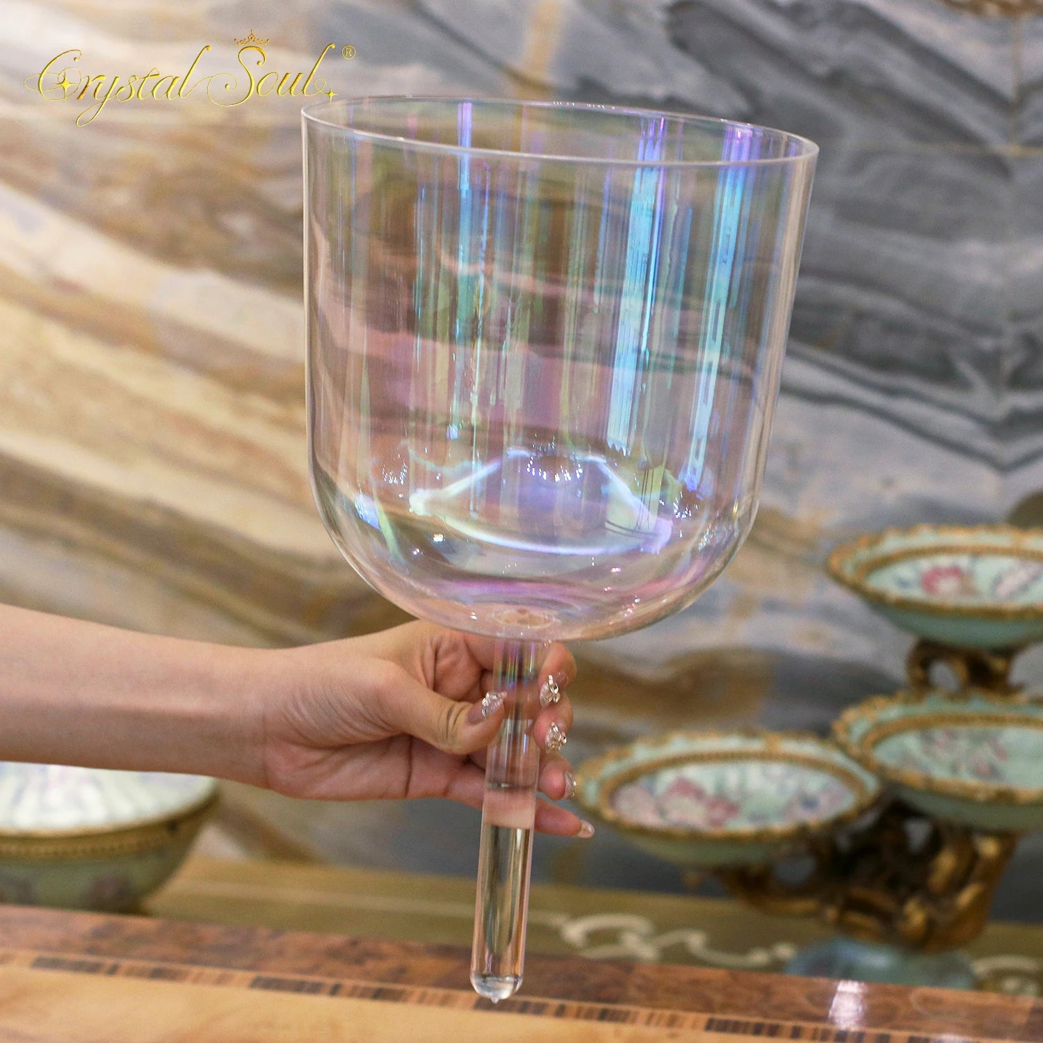 CrystalSoul 432Hz Prefect Pitch Clear Aurora Color Handle Crystal Singing Bowl Pure Quartz Ore-ToShay.org