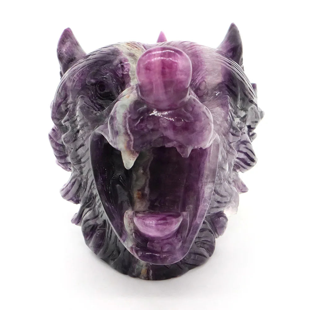 5.5" Wolf Head Natural Fluorite Reiki Healing Gemstone Carved Stone Animal Figurine Feng Shui Crafts Home Office Decoration Gift-ToShay.org