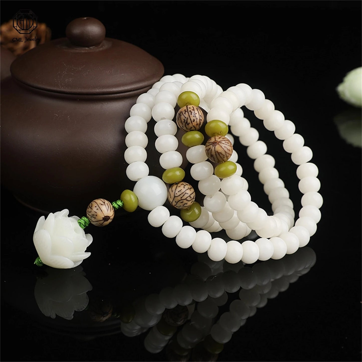 White Bodhi Seed Bead Mala-ToShay.org