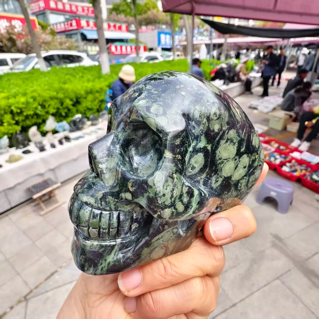 Green Peacock Eye Stone Skull-ToShay.org