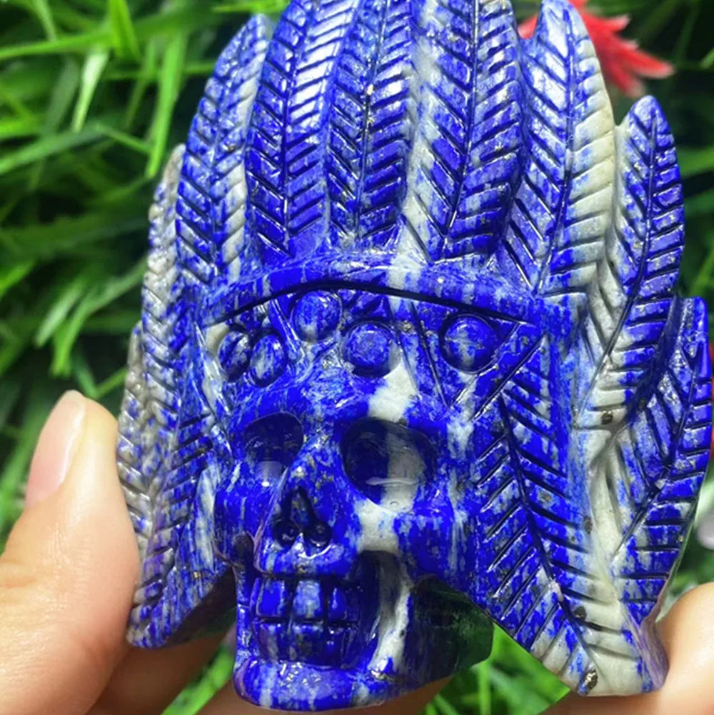 Natural quartz crystal cyanite hand carved feather skull chakra home decor-ToShay.org