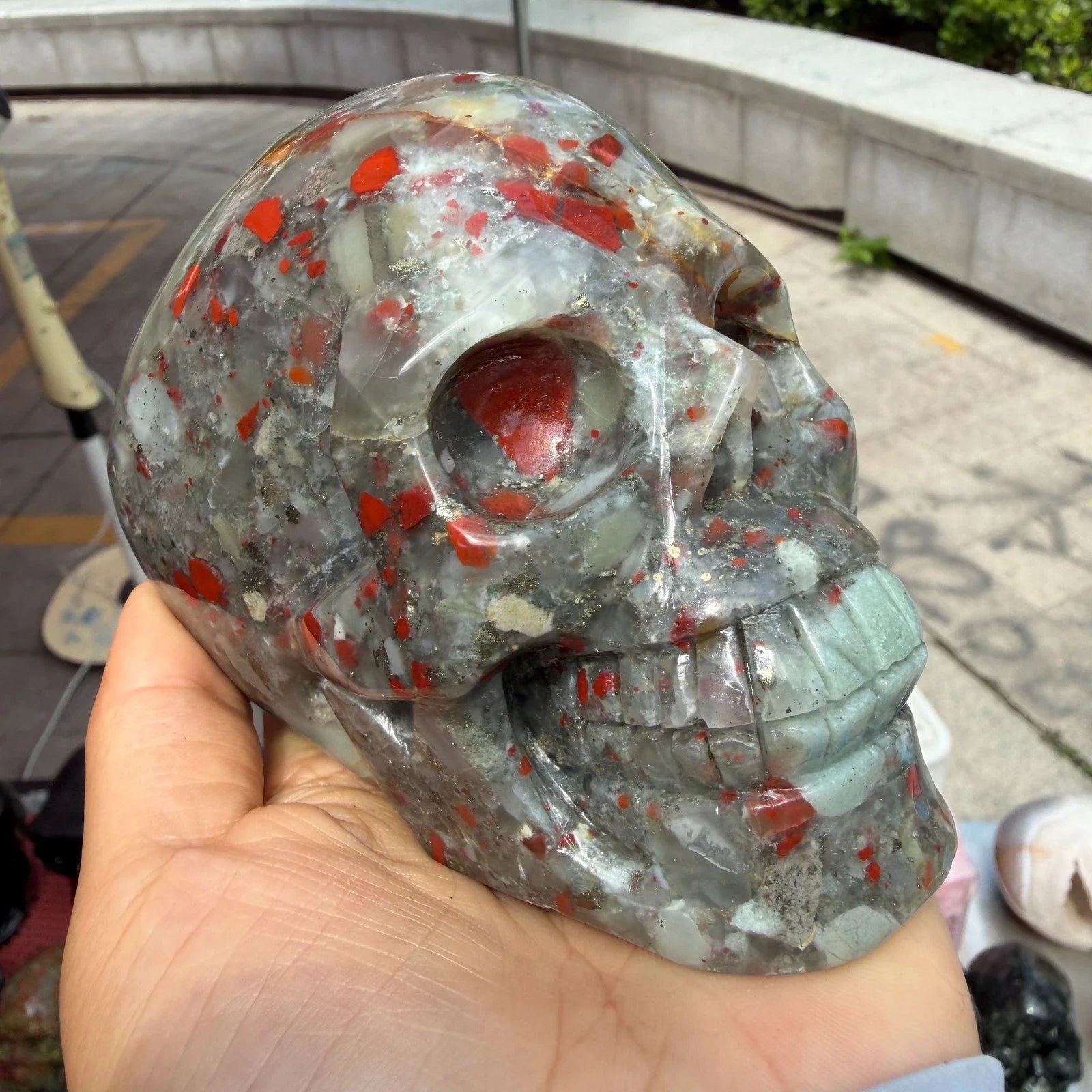 Natural Dragon's Blood Stone Skull, Crystal Quartz Ore Polished Skull, Mineral Healing-ToShay.org