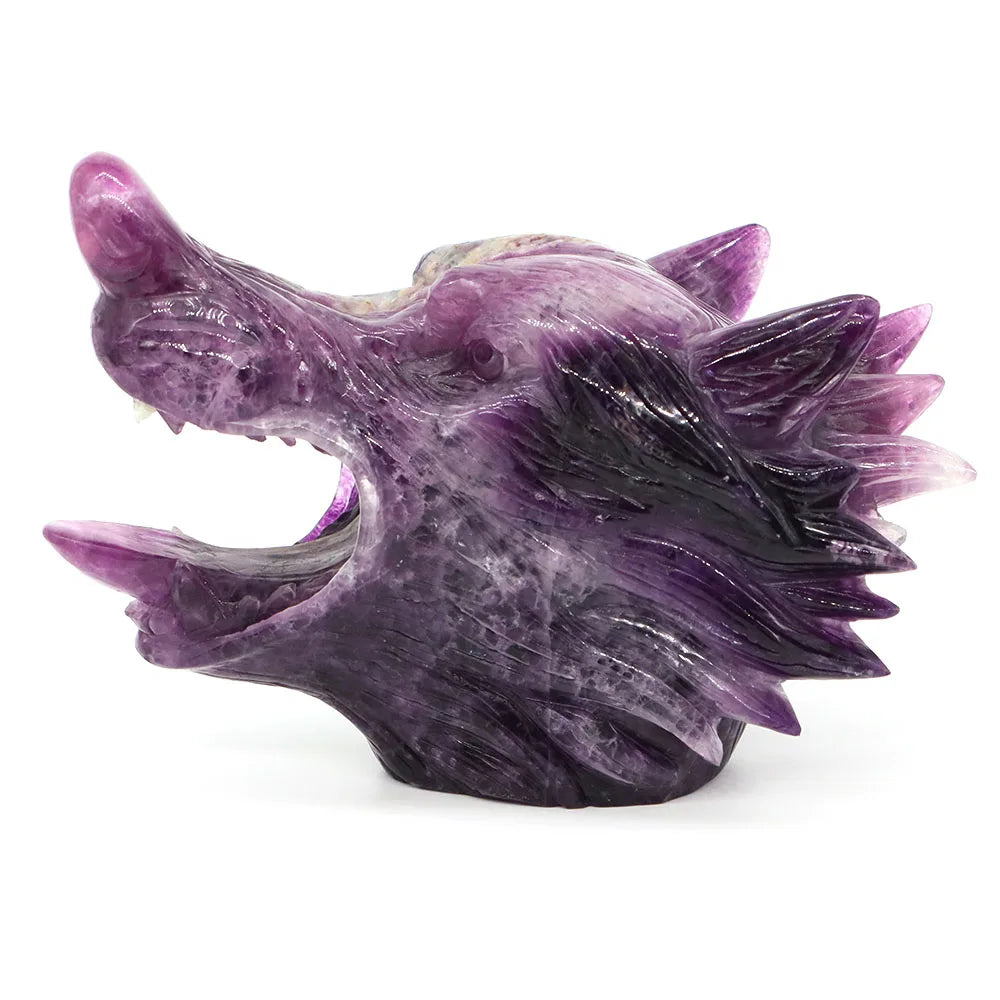 5.5" Wolf Head Natural Fluorite Reiki Healing Gemstone Carved Stone Animal Figurine Feng Shui Crafts Home Office Decoration Gift-ToShay.org