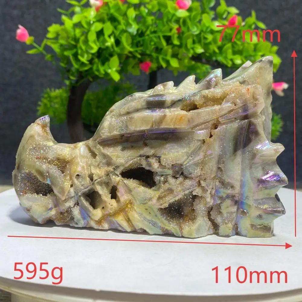 Natural Crystal Sphalerite Electroplate Quartz Dragon Head Skull Figurine Mineral Specimen Hand Engraving Room Decoration Gift-ToShay.org