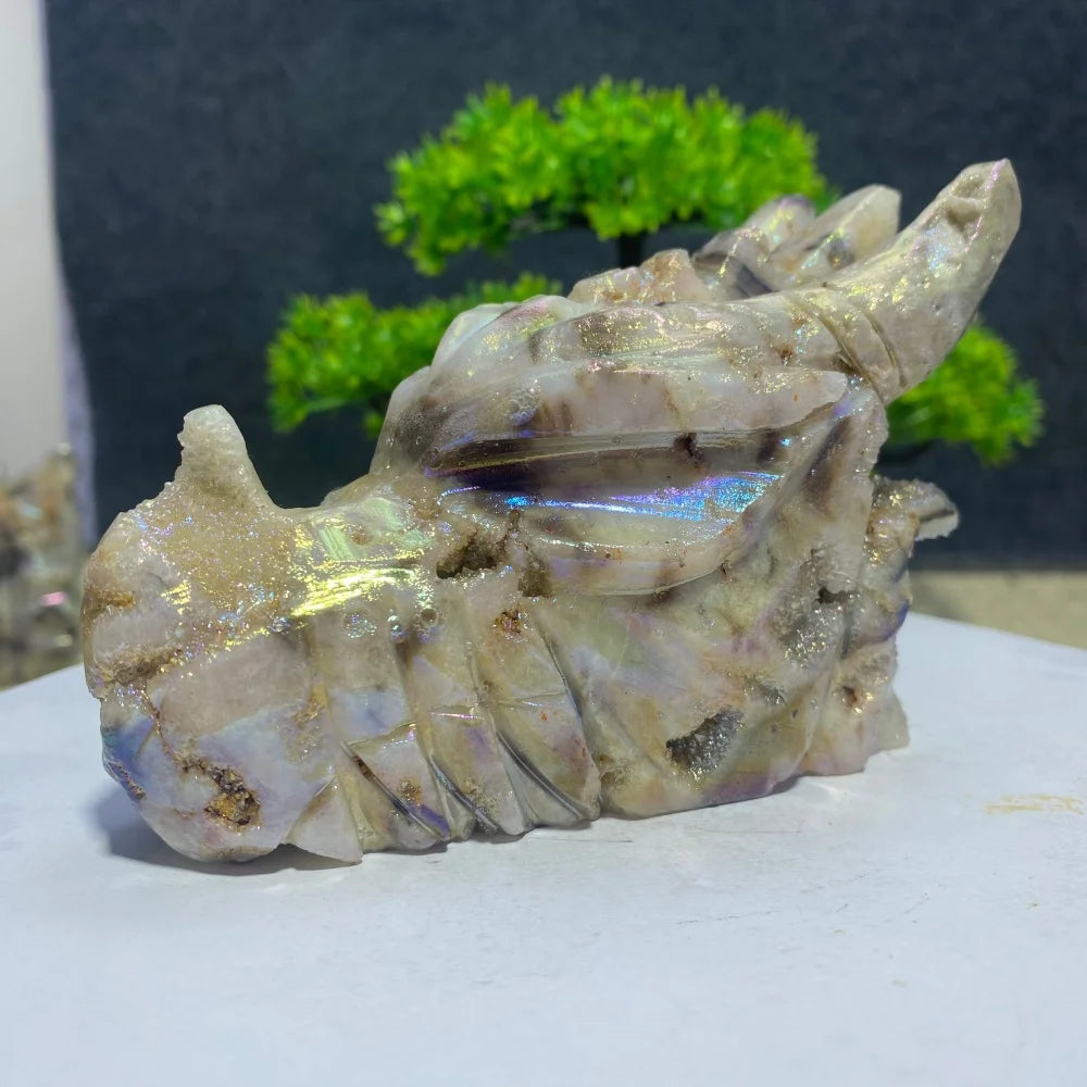 Natural Crystal Sphalerite Electroplate Quartz Dragon Head Skull Figurine Mineral Specimen Hand Engraving Room Decoration Gift-ToShay.org