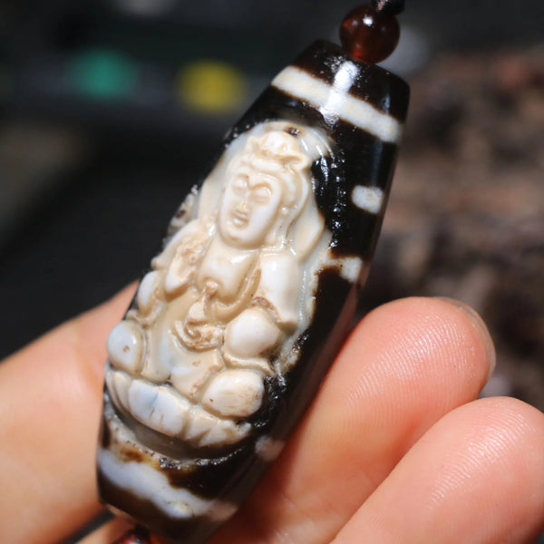 Black Agate Kwan Yin Pendant-ToShay.org