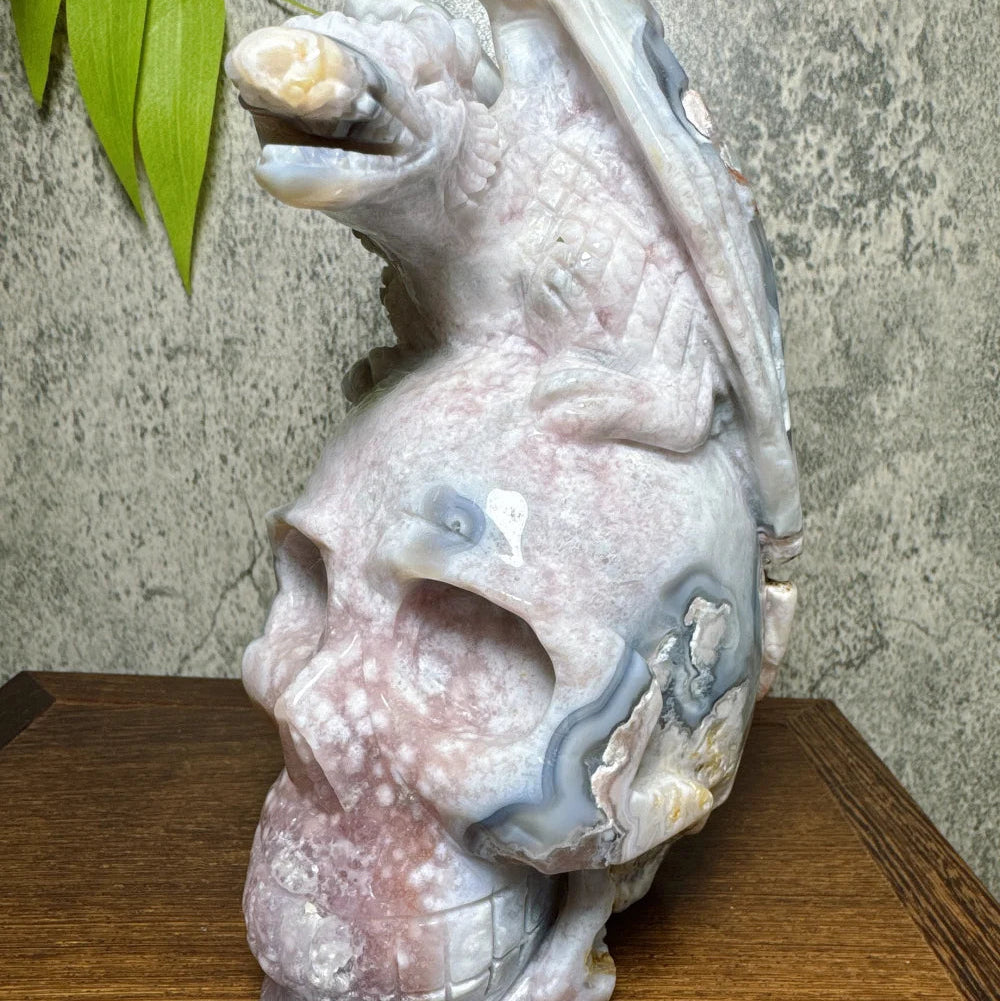 Grey Flower Agate Pterosaur Skull-ToShay.org