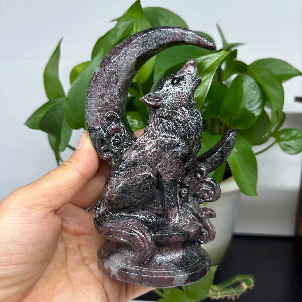 Custom Natural Garnet Howling Wolf Figurine - 13cm Hand-Carved Gemstone Crescent Moon Wolf Statue Healing Crystal Decor-ToShay.org