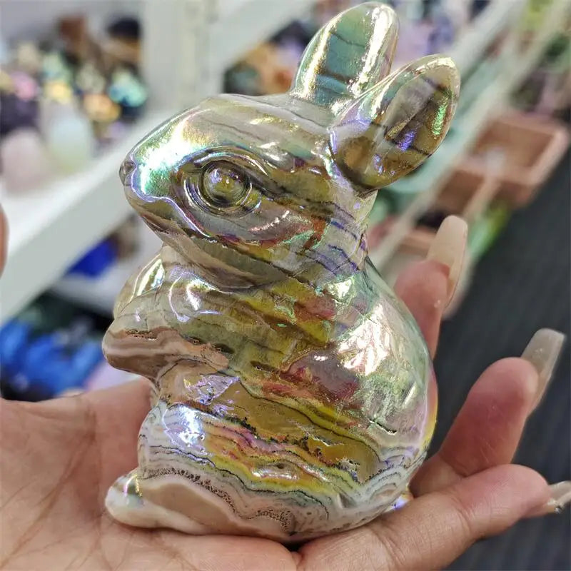 Natural Aura Calcite Quartz Rabbit Carving Healing Stone Tabletop Ornament Home Decor Children Holiday Gift 1PCS-ToShay.org