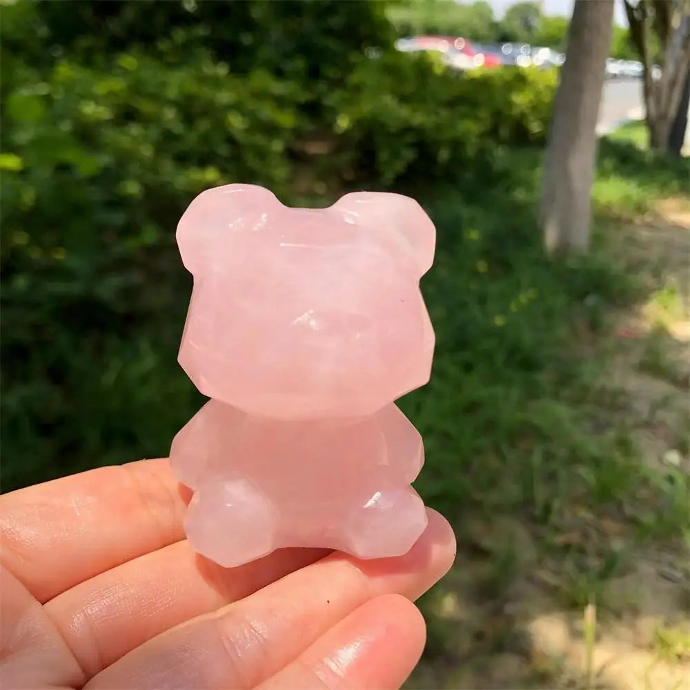 Natural Rose Quartz Bear Statue Cartoon Faceted Carving Animal Healing Mineral Polished Home Decor Ornament Figurine-ToShay.org