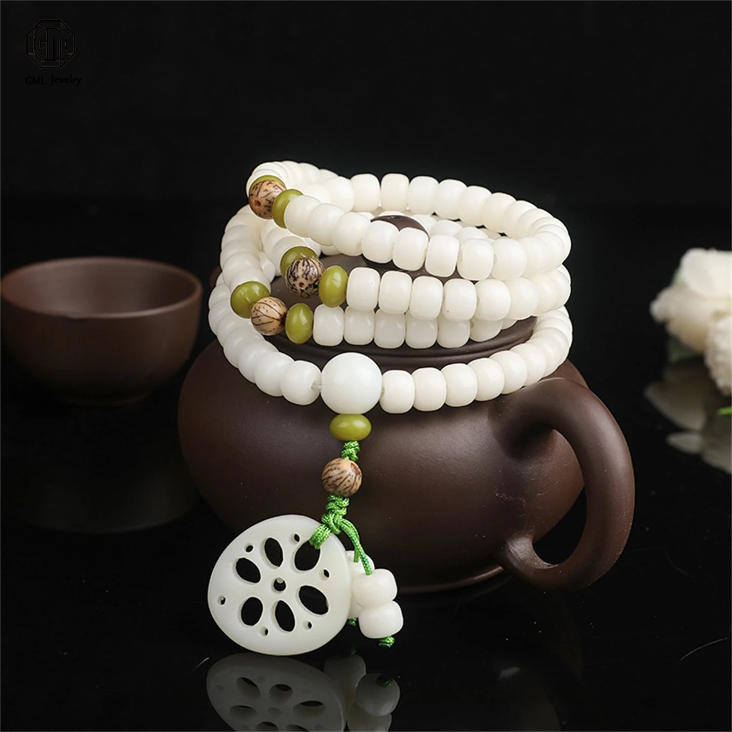 White Bodhi Seed Bead Mala-ToShay.org