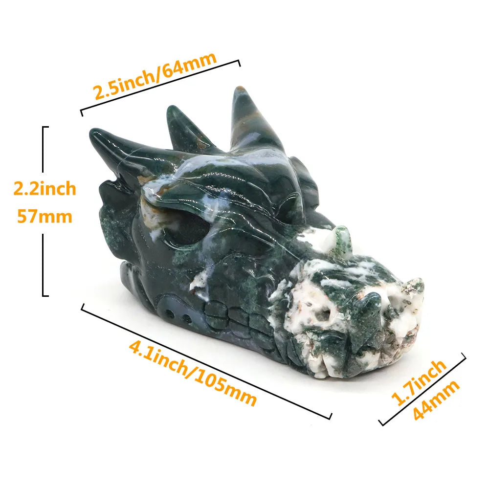 4.1" Dragon Head Statue Natural Stone Green Moss Agate Reiki Healing Crystal Hand Carved Gemstone Figurine Feng Shui Home Decor-ToShay.org