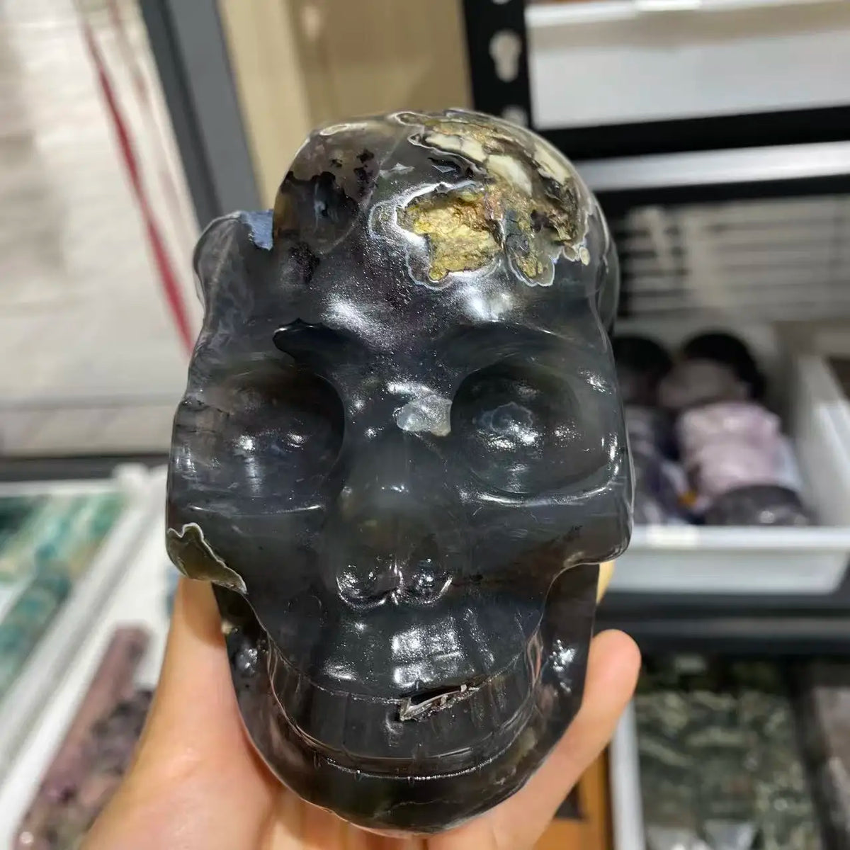 Black Fluorescent Agate Skull-ToShay.org