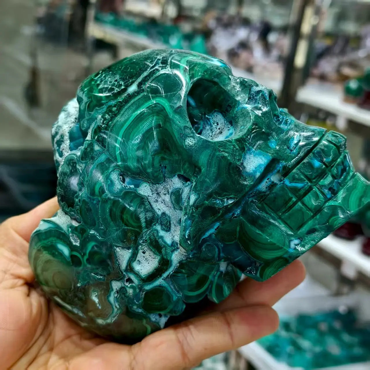 Natural Chrysocolla Crystal Quartz Hand-Carved Skull, For Spiritual Healing, As a Gift, For Decoration, For Meditation, For Feng-ToShay.org