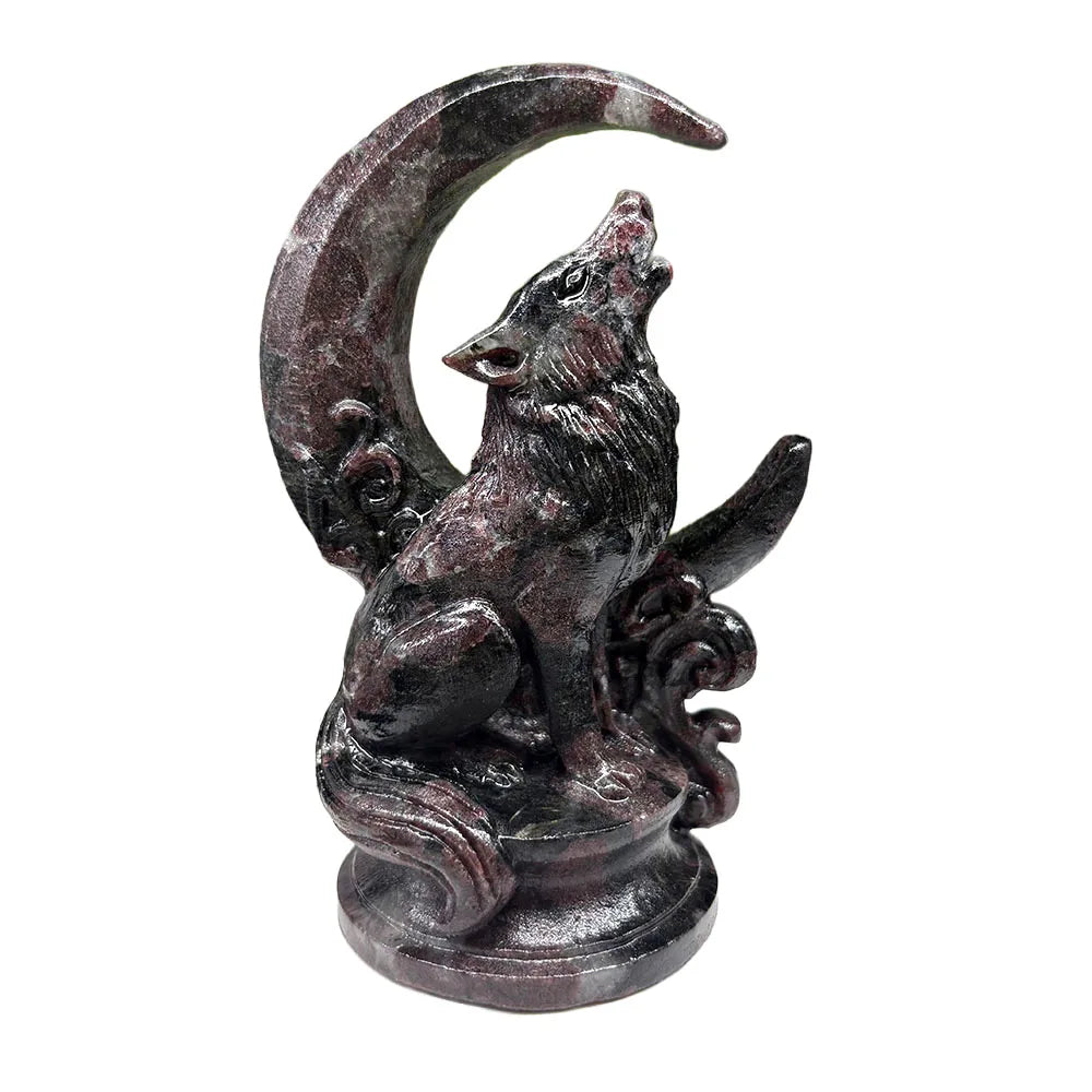 Custom Natural Garnet Howling Wolf Figurine - 13cm Hand-Carved Gemstone Crescent Moon Wolf Statue Healing Crystal Decor-ToShay.org
