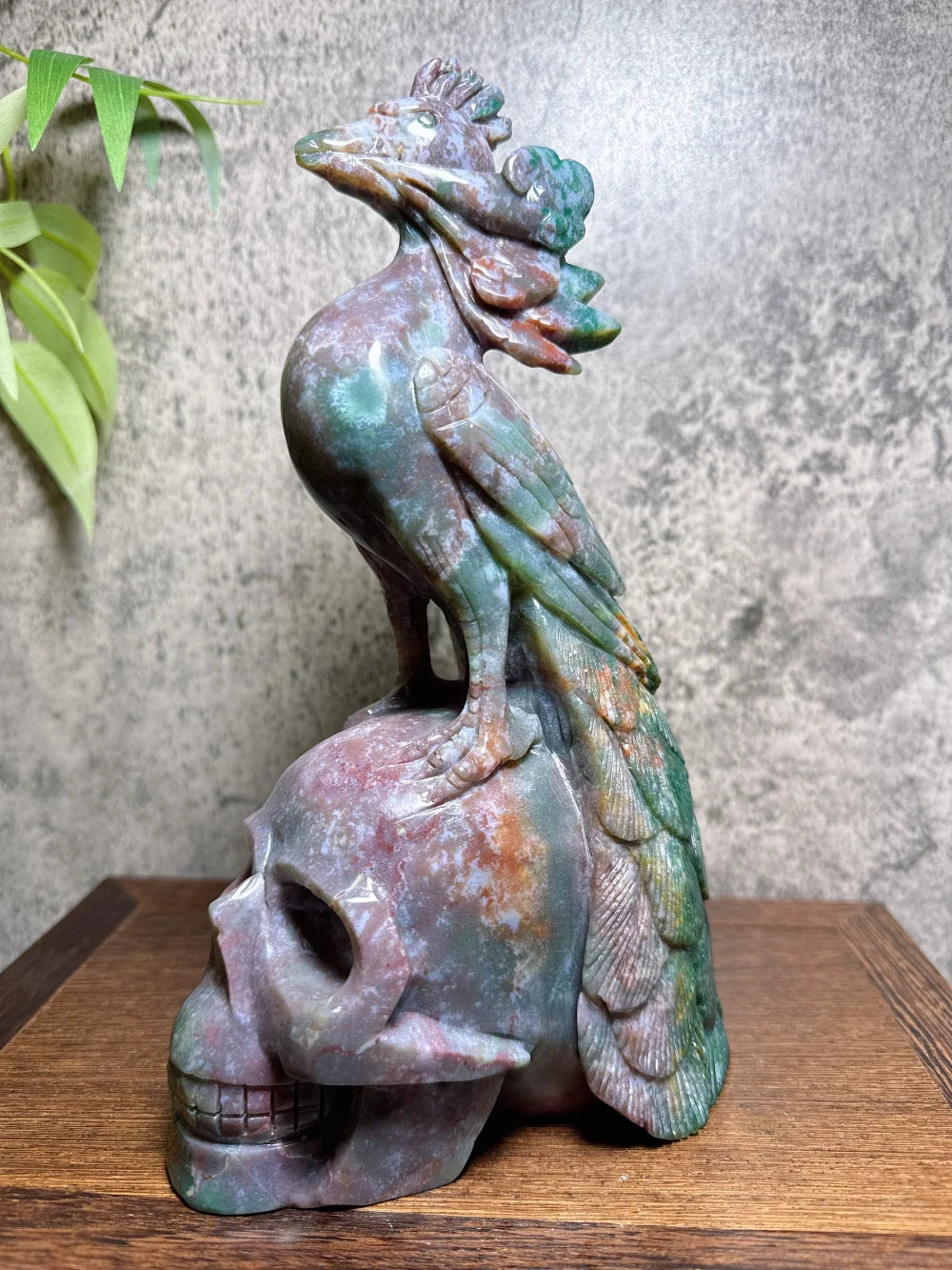 Natural Hand Carved Big Colourful Ocean Jasper Skull Phoenix Carvings Unique Stone Healing Crystal Reiki Home Scene Decoration-ToShay.org