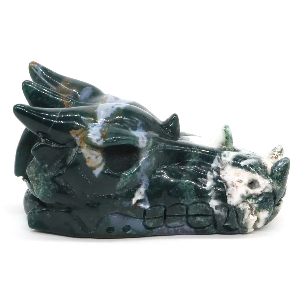 4.1" Dragon Head Statue Natural Stone Green Moss Agate Reiki Healing Crystal Hand Carved Gemstone Figurine Feng Shui Home Decor-ToShay.org