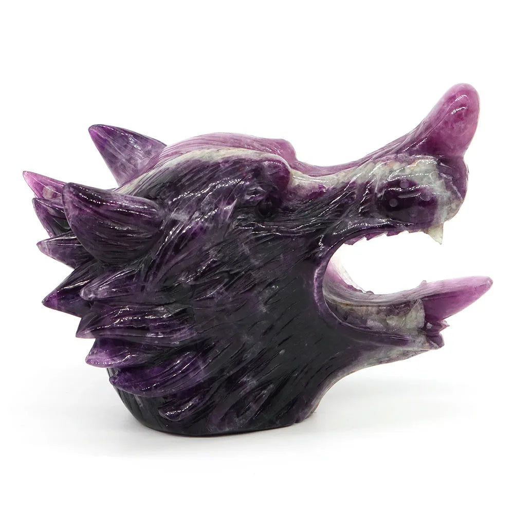 5.5" Wolf Head Natural Fluorite Reiki Healing Gemstone Carved Stone Animal Figurine Feng Shui Crafts Home Office Decoration Gift-ToShay.org