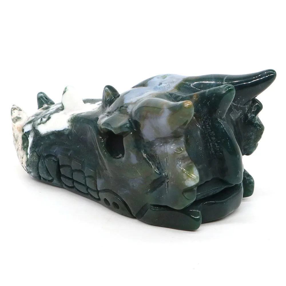 4.1" Dragon Head Statue Natural Stone Green Moss Agate Reiki Healing Crystal Hand Carved Gemstone Figurine Feng Shui Home Decor-ToShay.org