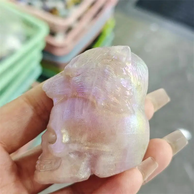 Natural Aura Rose Quartz Tiger And Skull Carving Crystal Crafts Children Birthday Present Fashion Home Decoration Gift 1PCS-ToShay.org